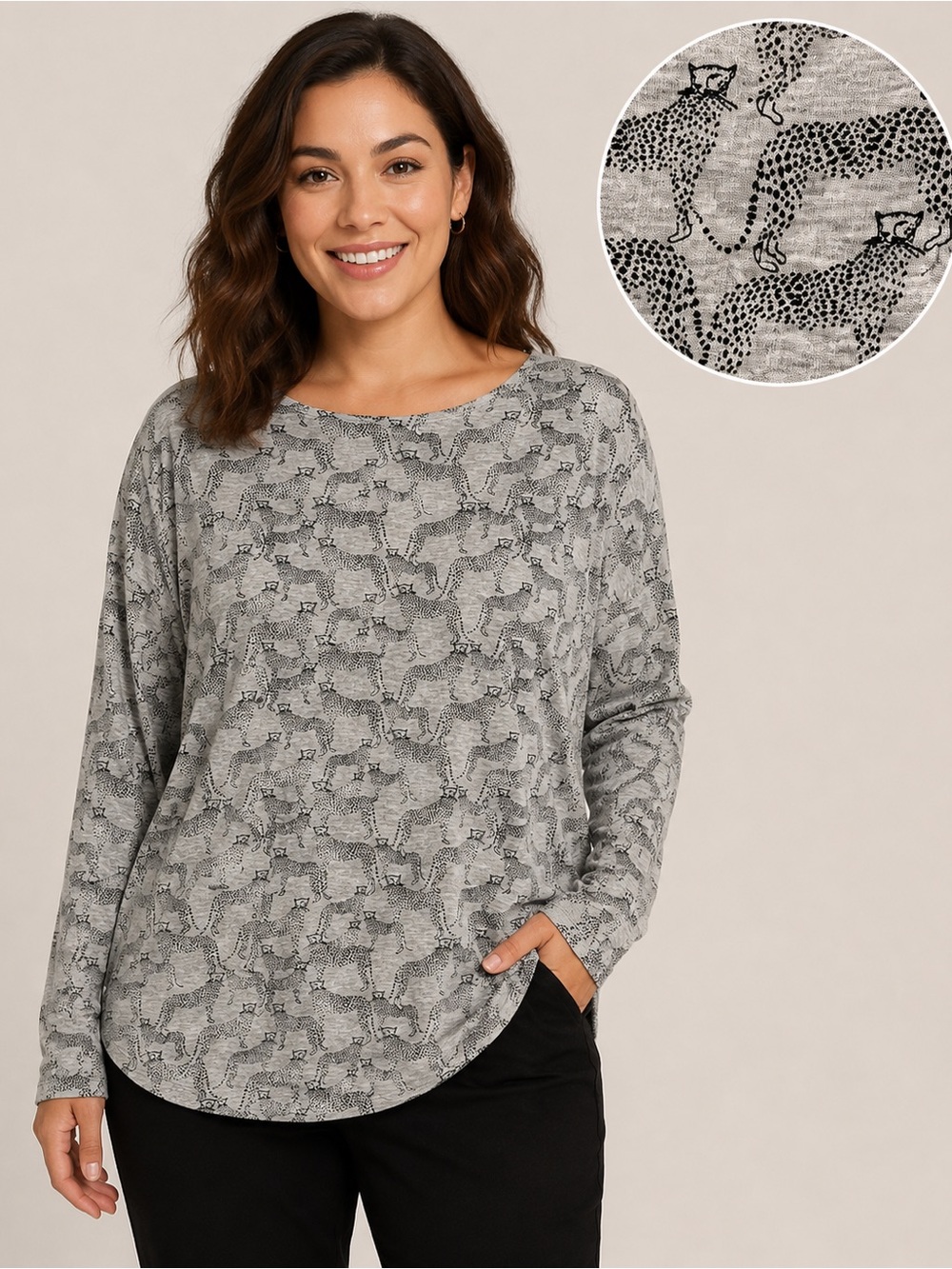 H&M+ Cheetah Print Long Sleeve Top 2XL Gray Animal Print Soft Stretch Tee